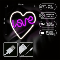 Neon LED LOVE HEART Batteri + USB Forever Light - lila/vit