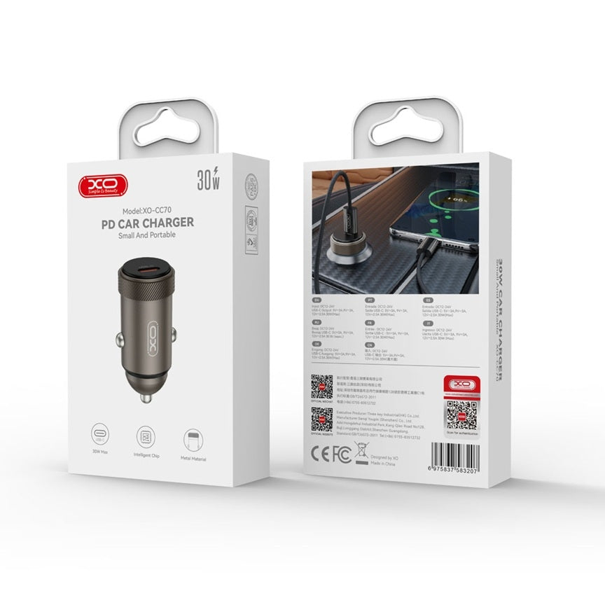 Snabb billaddare XO 30W USB-C PD QC3.0 För iPhone, Samsung Svart