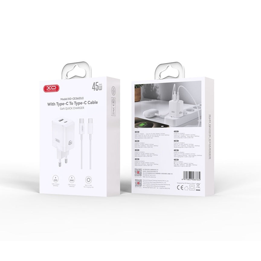 Snabbladdare 45W för iPhone / Samsung  Dual Port USB-C med USB-C Kabel