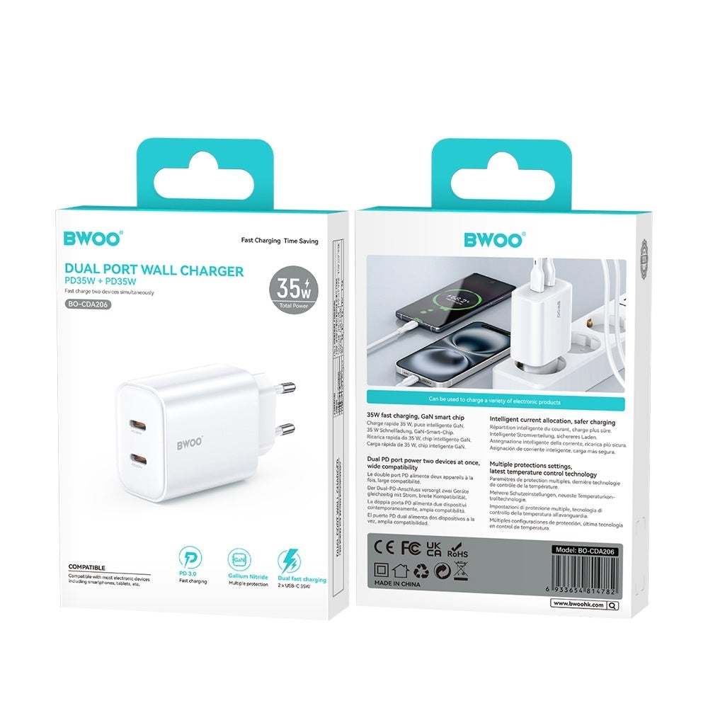 Snabbladdare för iPhone / Samsung QC 35W PD 2XUSB-C Väggladdare