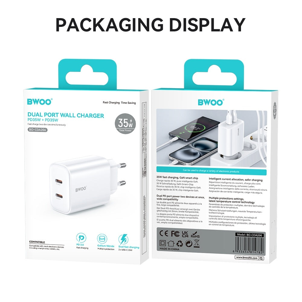 Snabbladdare för iPhone / Samsung QC 35W PD 2XUSB-C Väggladdare