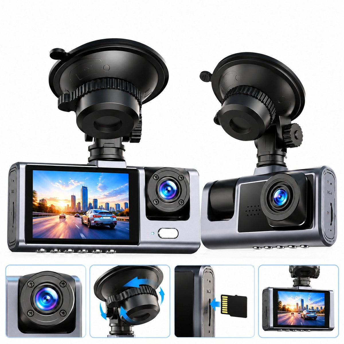 XO 3-i-1 Bilkamera Full HD 1080P Nattläge, Rörelsesensor & Parkeringsövervakning
