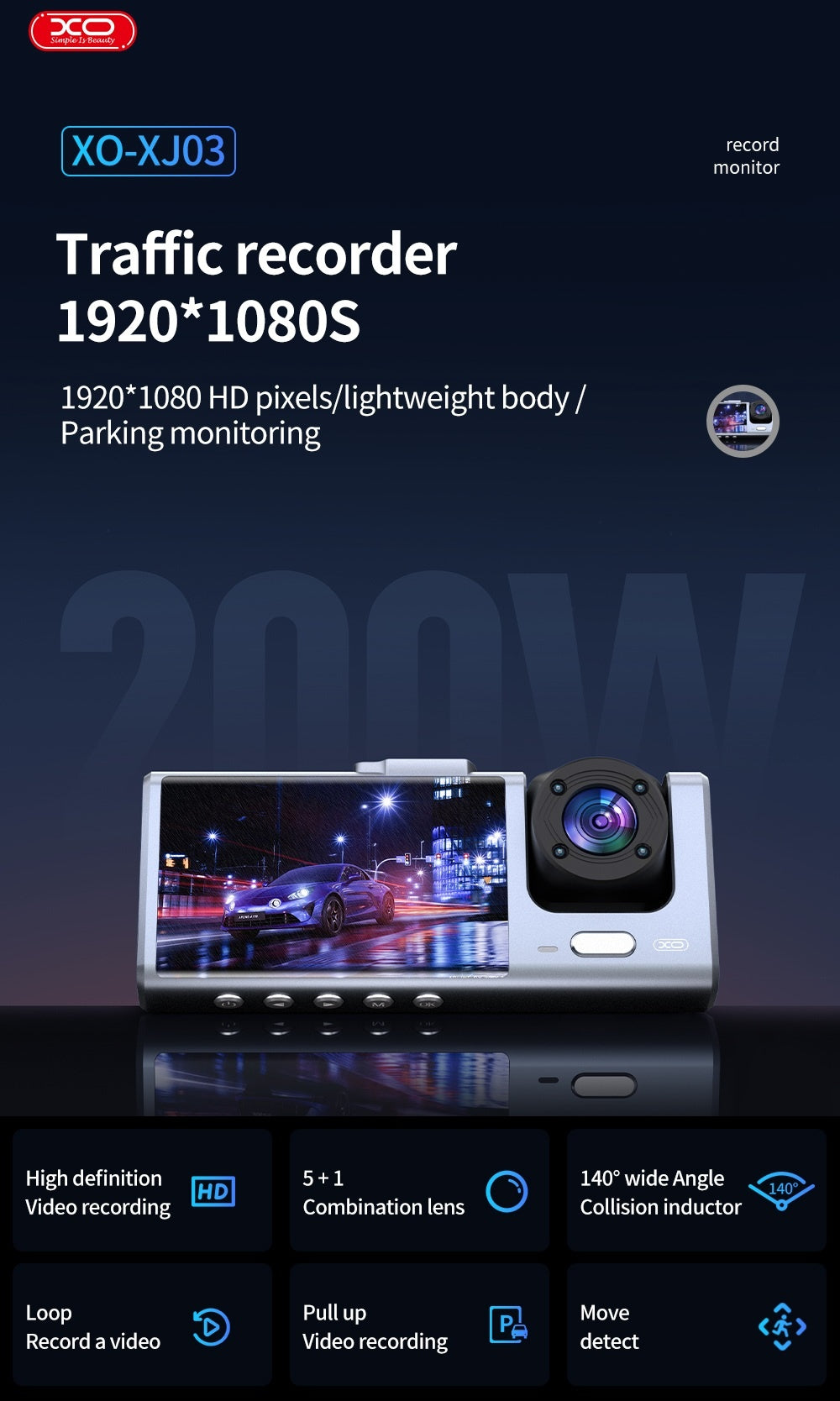 XO 3-i-1 Bilkamera Full HD 1080P Nattläge, Rörelsesensor & Parkeringsövervakning