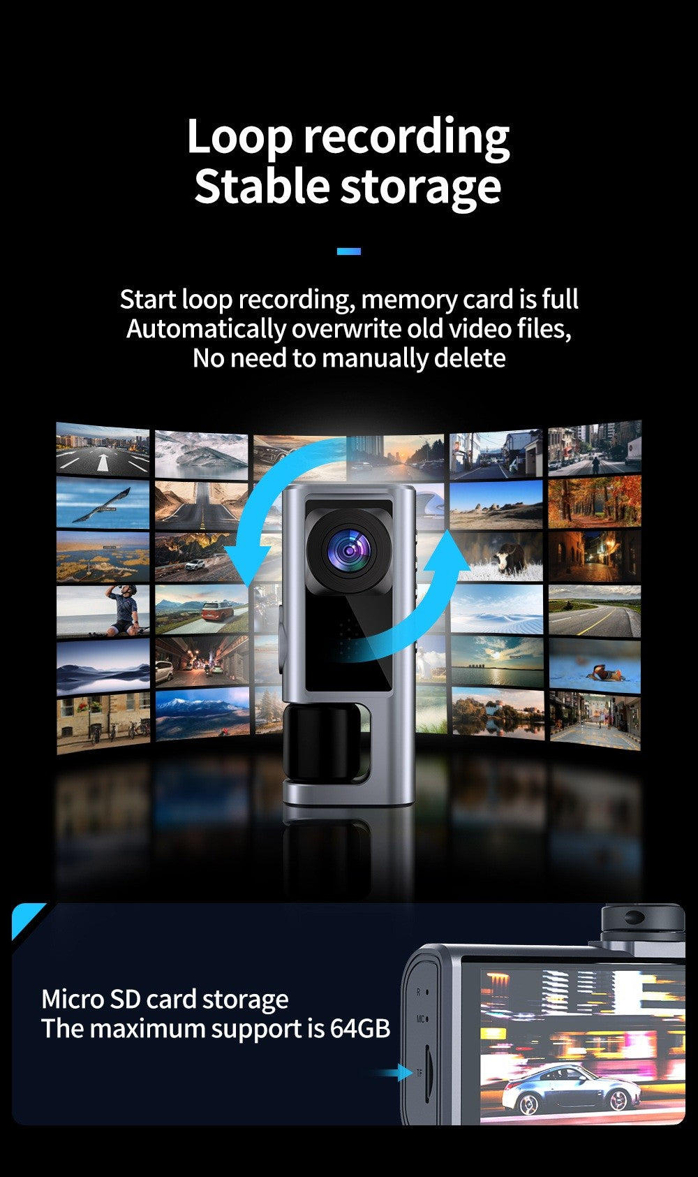 XO 3-i-1 Bilkamera Full HD 1080P Nattläge, Rörelsesensor & Parkeringsövervakning