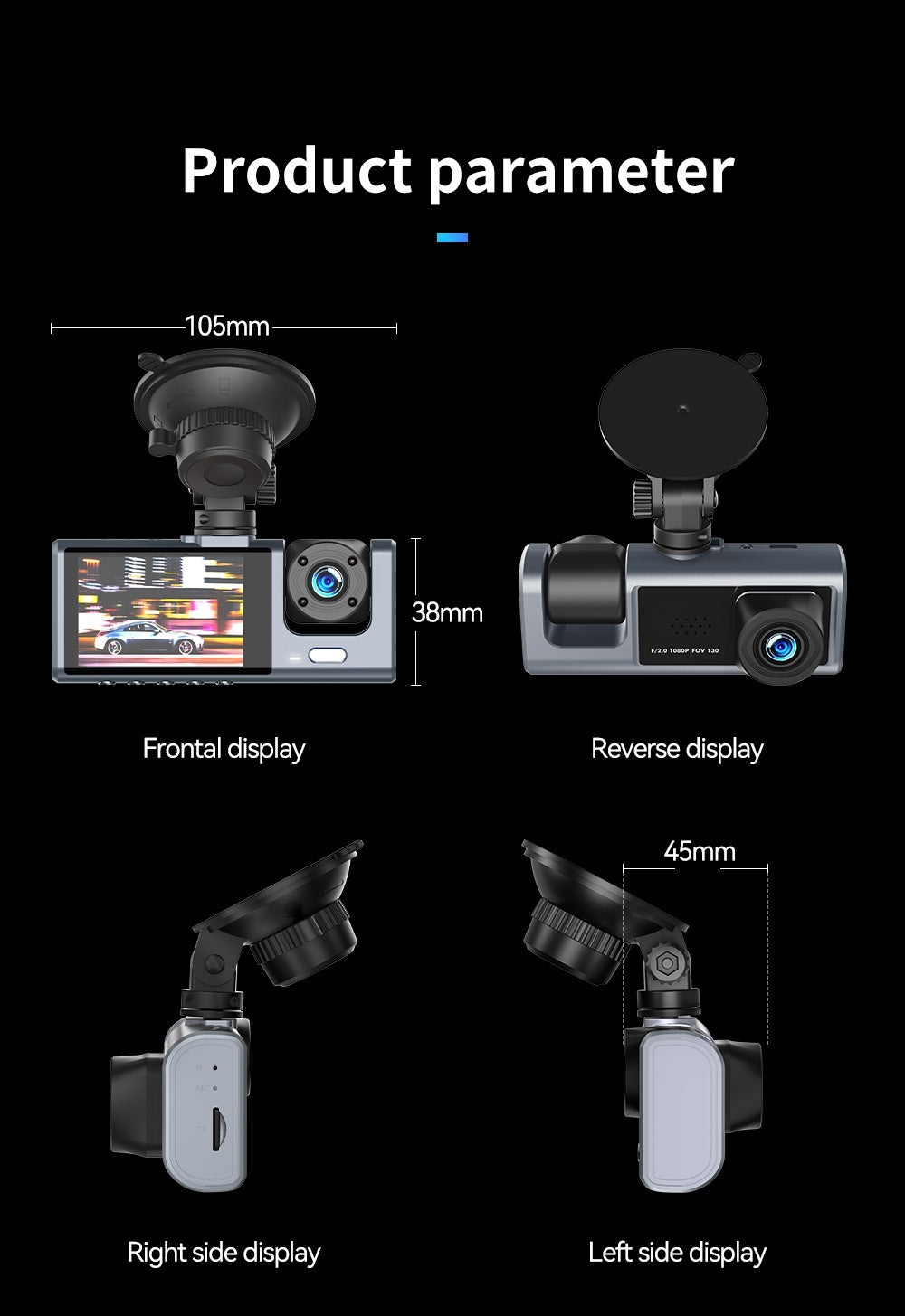 XO 3-i-1 Bilkamera Full HD 1080P Nattläge, Rörelsesensor & Parkeringsövervakning