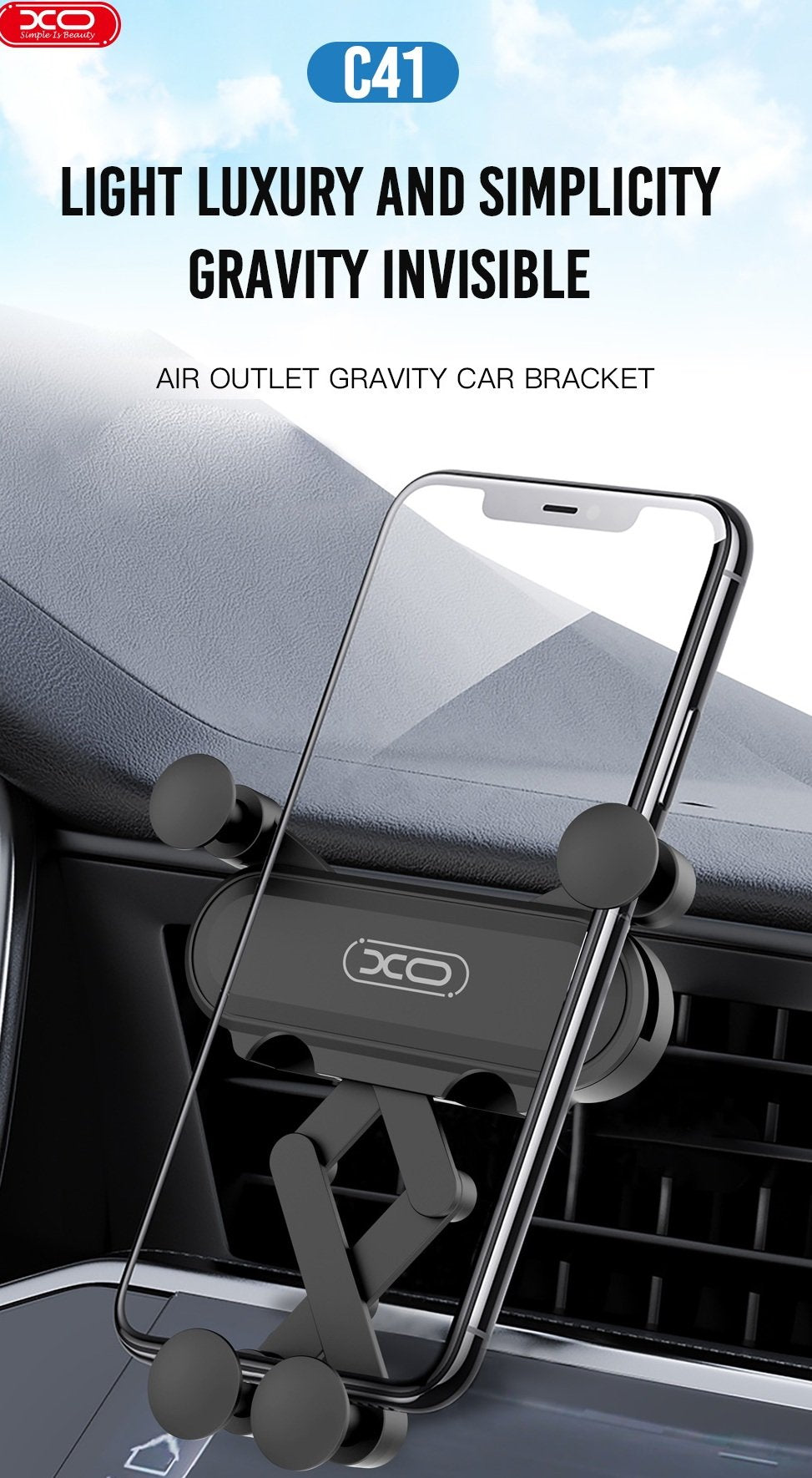 XO C41 Justerbar Gravity Mobilhållare för Bilens Ventilationsgaller – Svart
