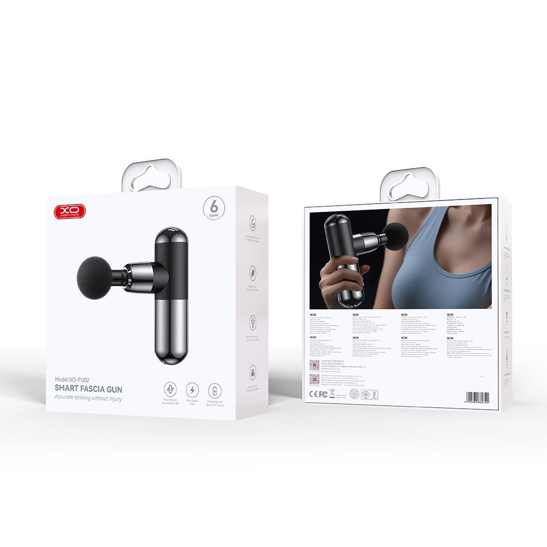 XO FG02 Fasciapistol – Trådlös Muskelmassager med 4 Massagehuvuden, 6 Hastigheter,