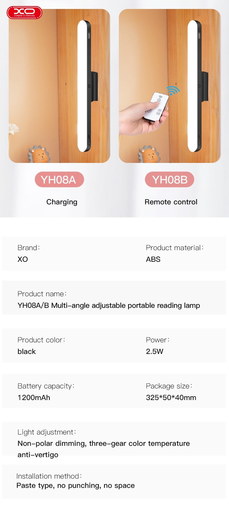XO Magnetisk LED-lampa med Fjärrkontroll, Dimbar, 3 Ljuslägen, 1200mAh