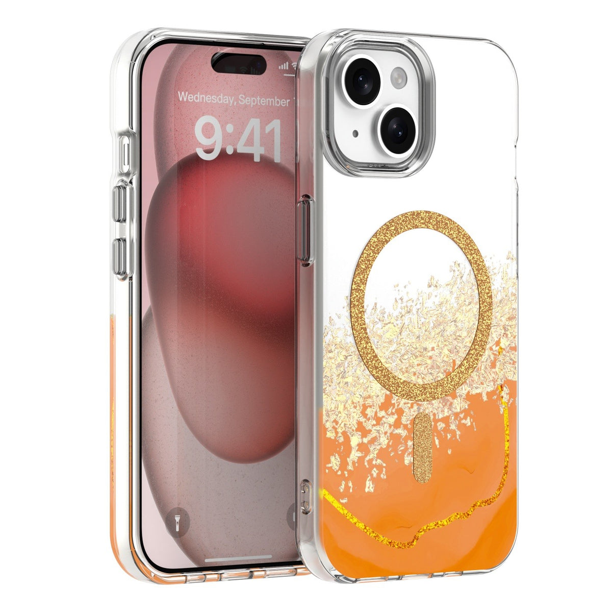 iPhone 15 - MagSafe Epoxy Transparent Skydd med 3D Effekt Orange