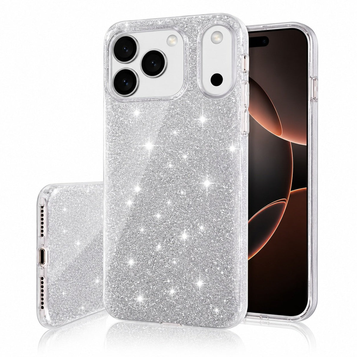 Skal för iPhone 18 Pro Max / iPhone 17 Pro Max -3in1 Glitter Elegant Mjuk Silver