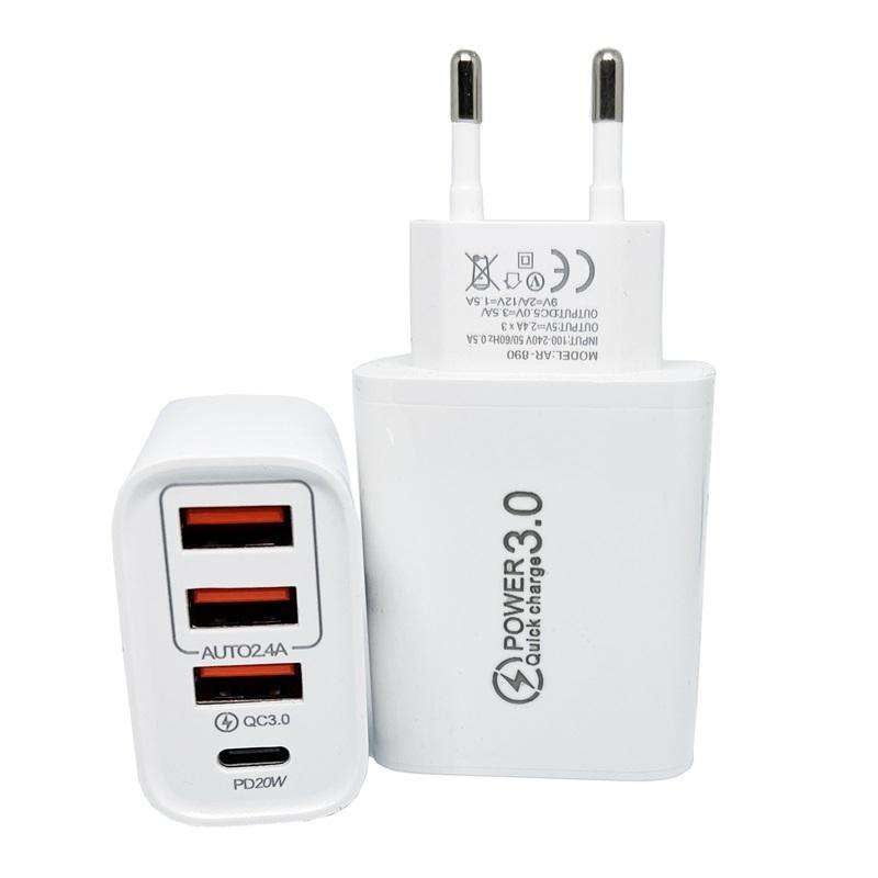 iPhone, Samsung QC3.0 Snabb 20w Väggladdare 1xUSB-C 3xUSB Vit