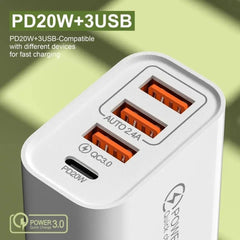 iPhone, Samsung QC3.0 Snabb 20w Väggladdare 1xUSB-C 3xUSB Vit