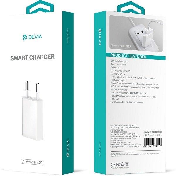 iPhone, Samsung Smart Charger 1Amp Väggladdare - Devia Vit