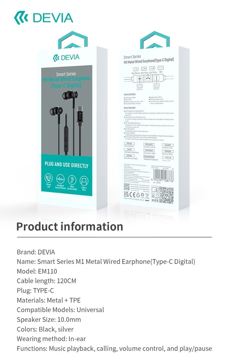 in-Ear USB-C hörlurar för Samsung / iPhone 15, 16 och Mobil med USB-C Kontakt Svart